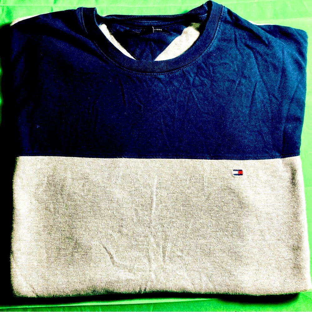 Tommy Hilfiger Navy Blue and Gray Color-Block T-Shirt